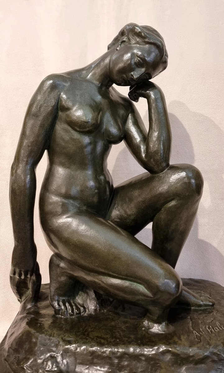 Alfred Jean Halou  Bronze Sculpture: Crouching Nymph, Art Deco, 1931 -photo-3