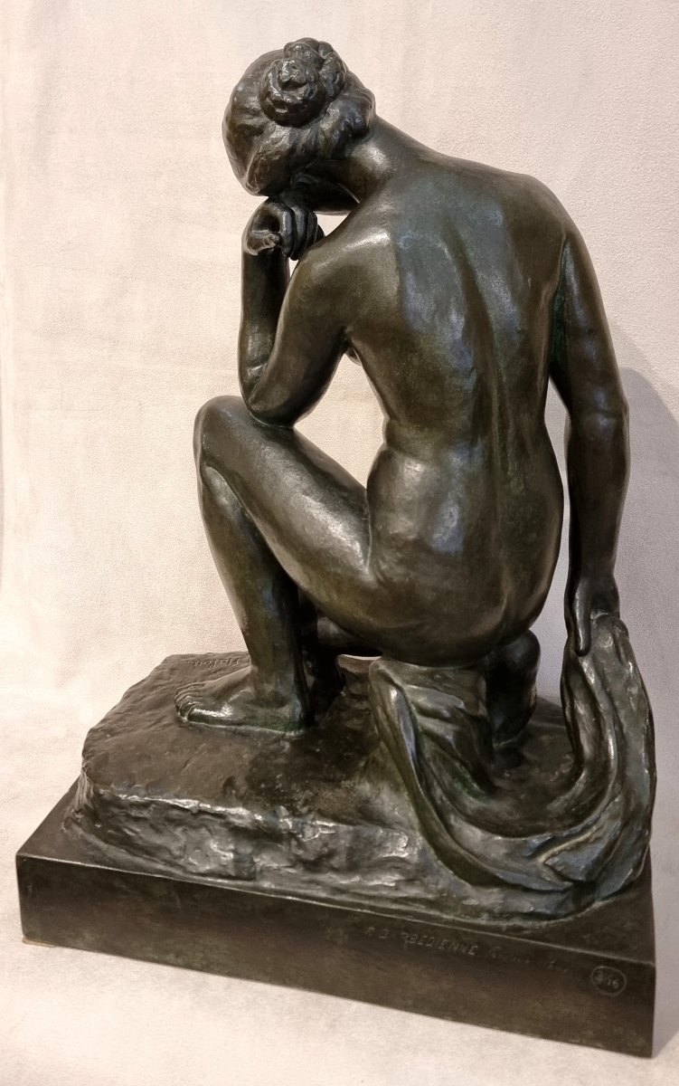 Alfred Jean Halou  Bronze Sculpture: Crouching Nymph, Art Deco, 1931 -photo-4