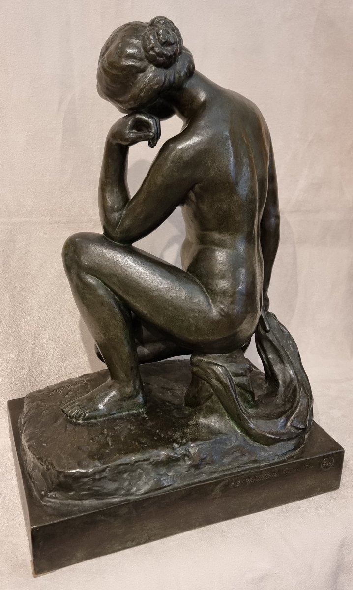 Alfred Jean Halou  Bronze Sculpture: Crouching Nymph, Art Deco, 1931 -photo-1