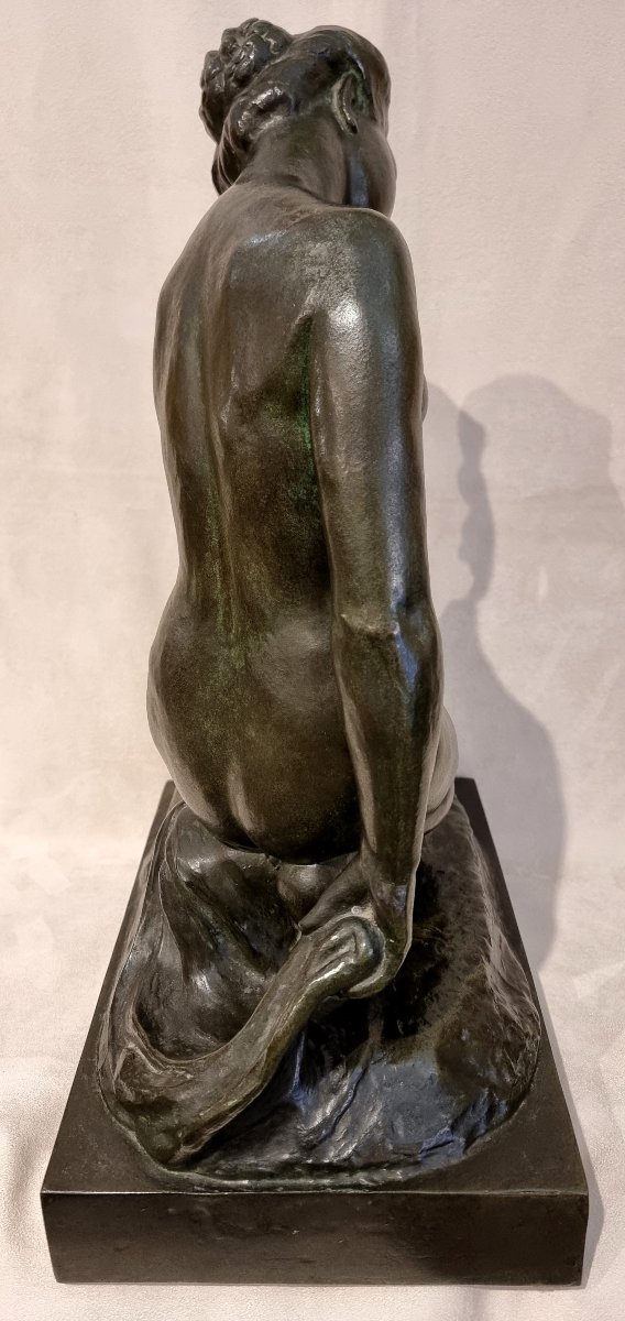 Alfred Jean Halou  Bronze Sculpture: Crouching Nymph, Art Deco, 1931 -photo-2