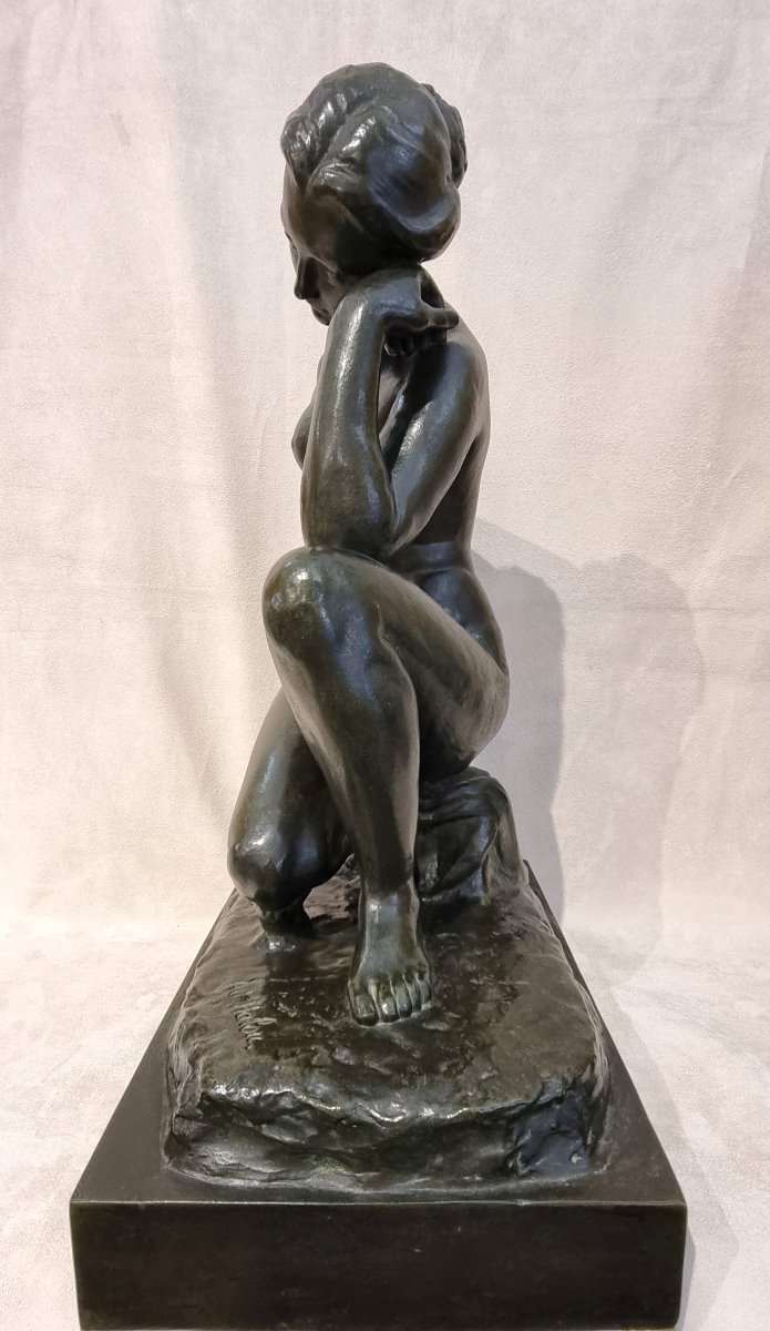 Alfred Jean Halou  Bronze Sculpture: Crouching Nymph, Art Deco, 1931 -photo-3
