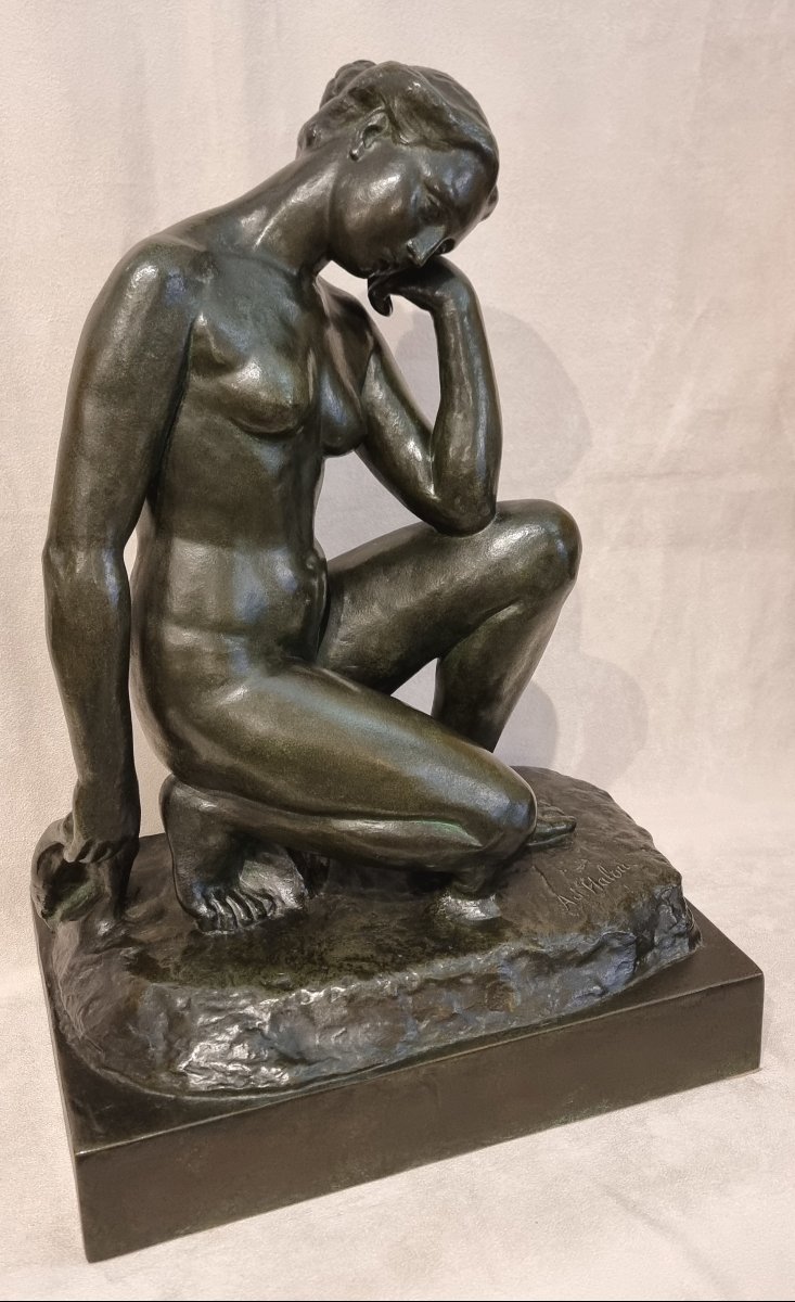 Alfred Jean Halou  Bronze Sculpture: Crouching Nymph, Art Deco, 1931 -photo-4