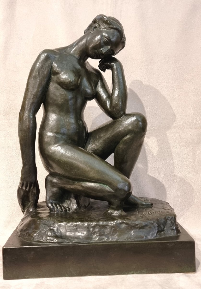 Alfred Jean Halou  Bronze Sculpture: Crouching Nymph, Art Deco, 1931 -photo-5