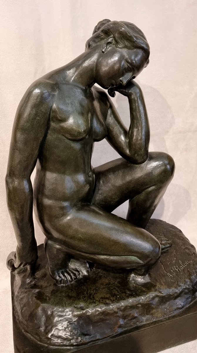 Alfred Jean Halou  Bronze Sculpture: Crouching Nymph, Art Deco, 1931 -photo-6