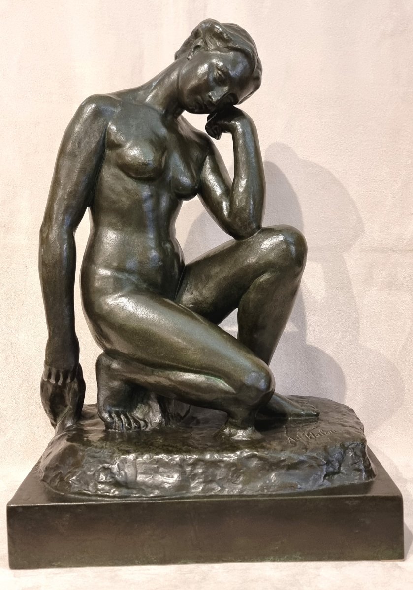 Alfred Jean Halou  Bronze Sculpture: Crouching Nymph, Art Deco, 1931 