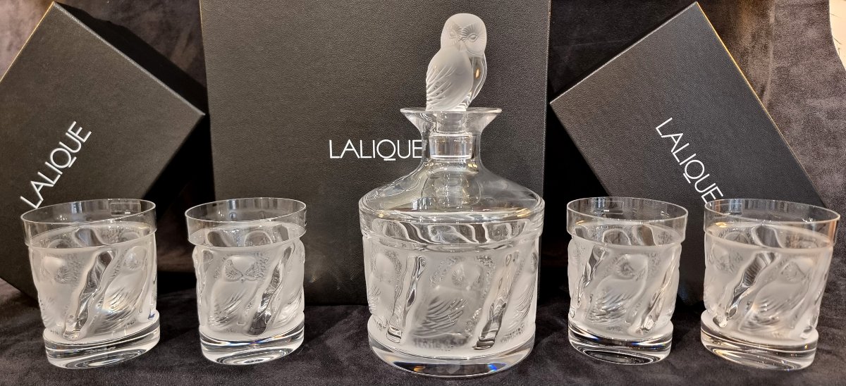 Marie-claude Lalique Hulotte Set : 1 Decanter And 4 Glasses