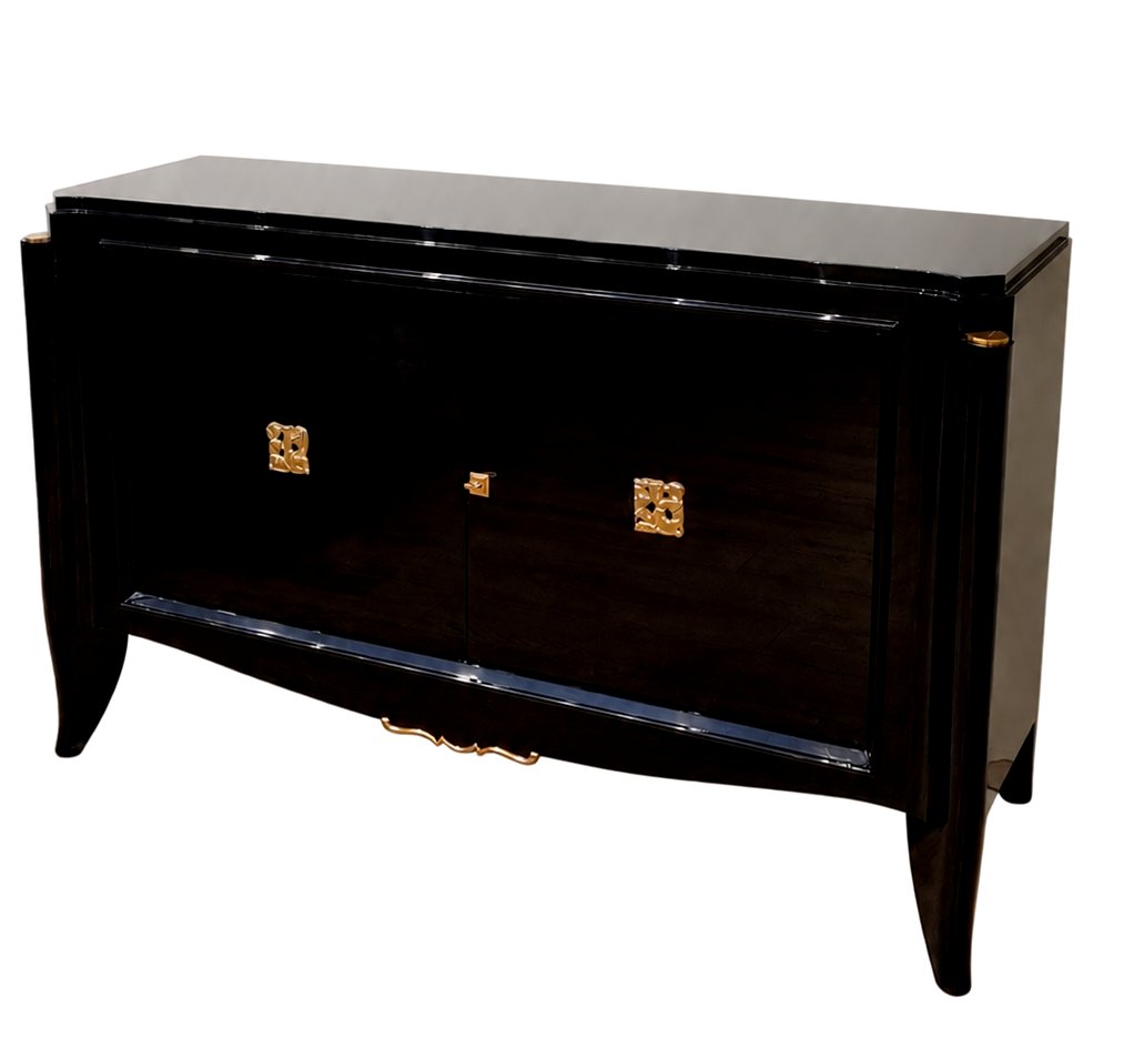 Maurice Jallot & Léon Drivier Sideboard, Black Lacquer & Gilded Bronze, Circa 1940-photo-1
