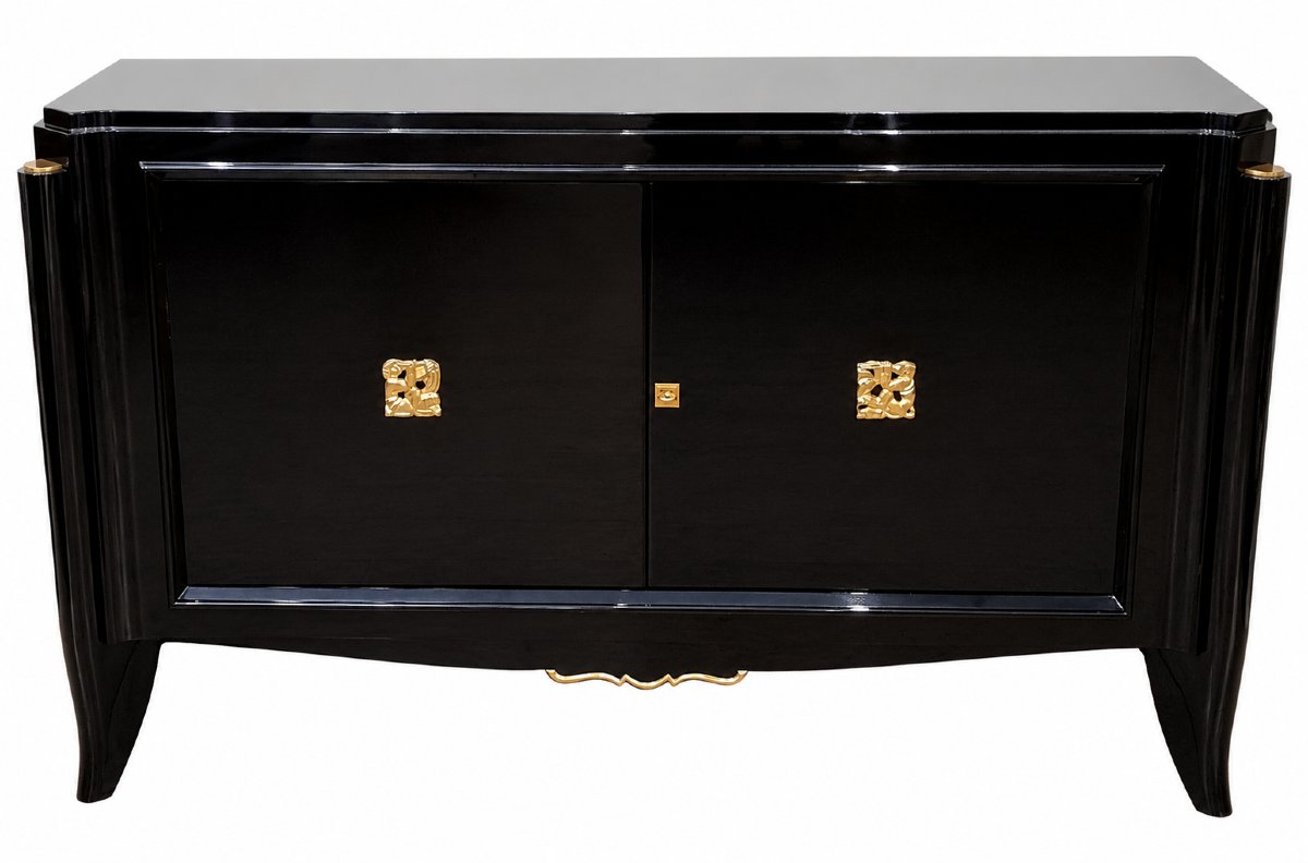 Maurice Jallot & Léon Drivier Sideboard, Black Lacquer & Gilded Bronze, Circa 1940