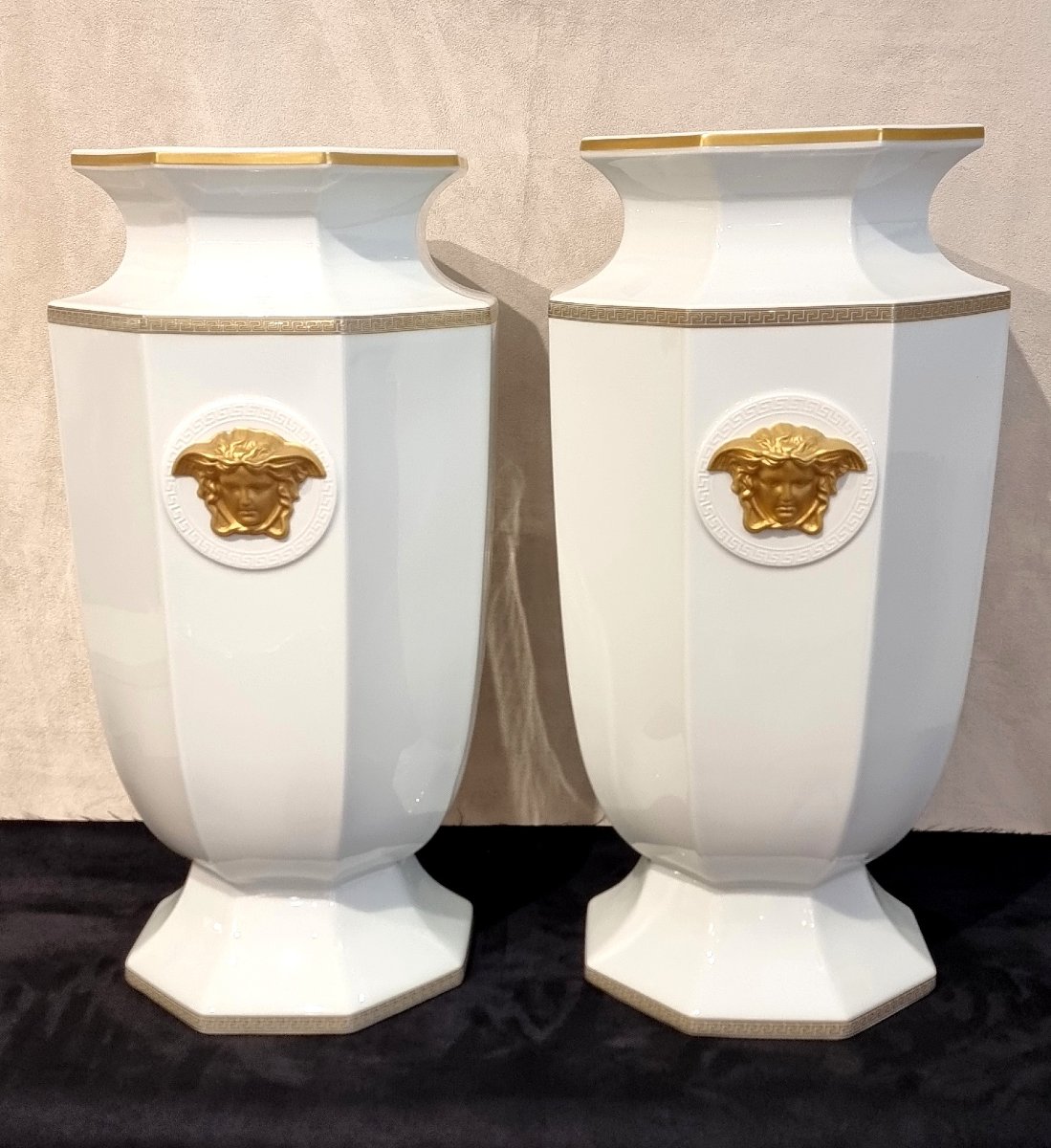Rosenthal For Versace, Gorgona Model A Striking Pair Of Porcelain Vases With Gold Gilding -photo-2