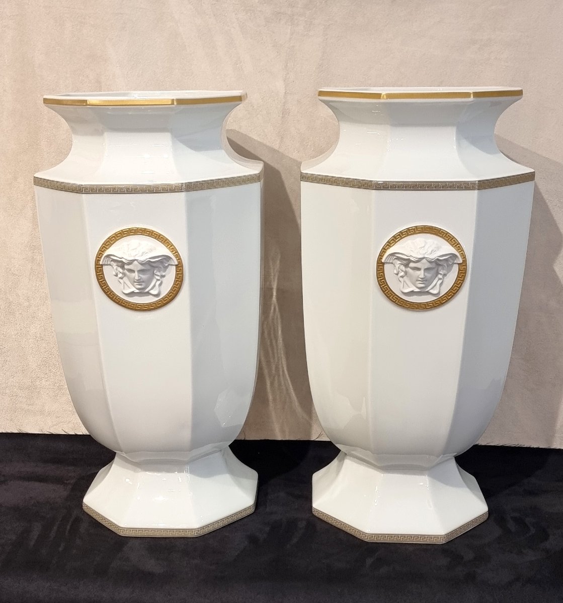 Rosenthal For Versace, Gorgona Model A Striking Pair Of Porcelain Vases With Gold Gilding 