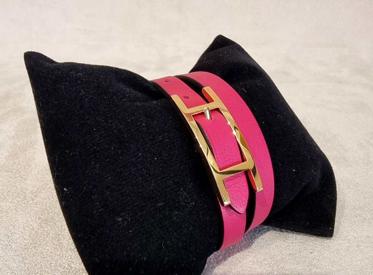 Hermès Bracelet BEHAPI Double tour en métal Plaqué Or et cuir fushia-photo-2