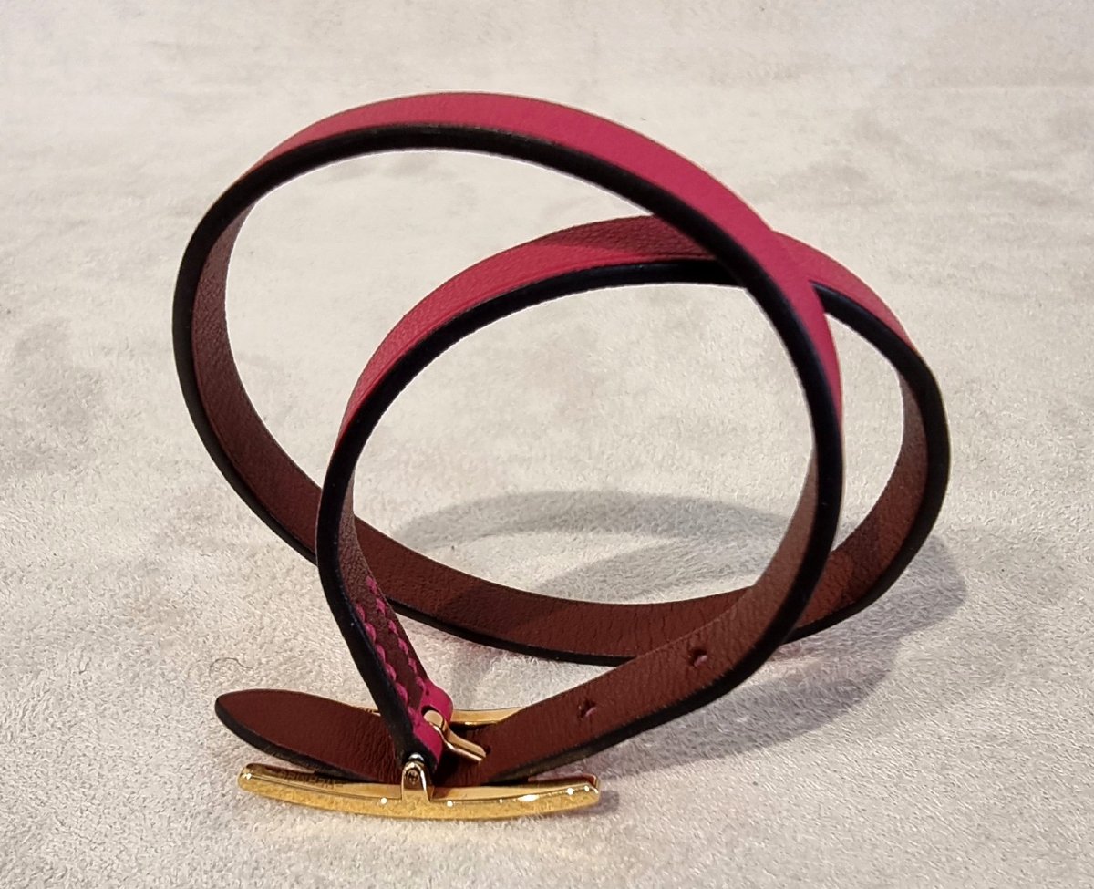 Hermès Bracelet BEHAPI Double tour en métal Plaqué Or et cuir fushia-photo-3