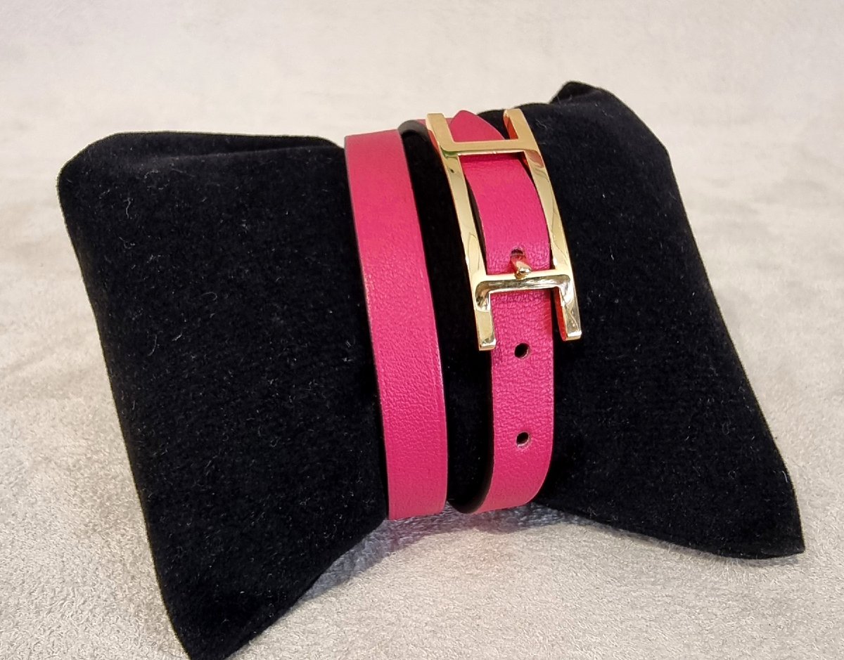 Hermès Bracelet BEHAPI Double tour en métal Plaqué Or et cuir fushia-photo-1