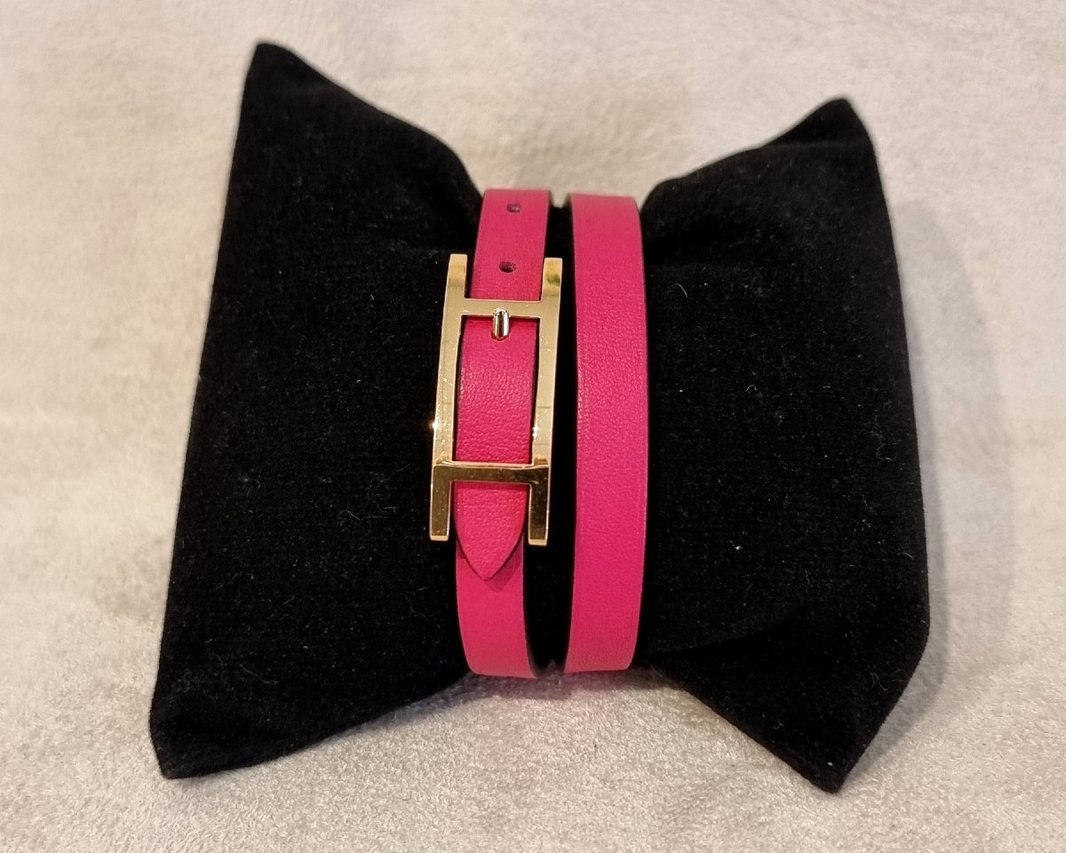 Hermès Bracelet BEHAPI Double tour en métal Plaqué Or et cuir fushia-photo-3