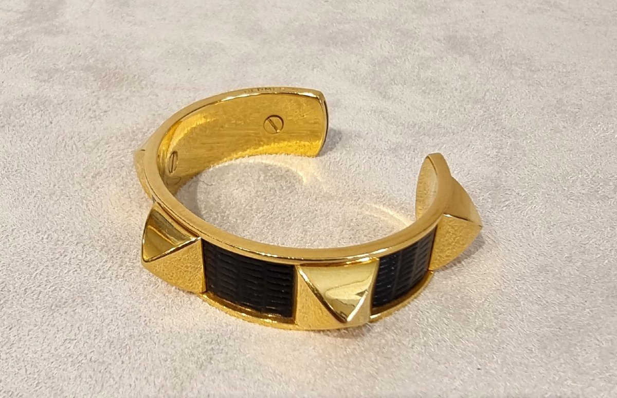 Hermès Bracelet Collier de Chien en métal Plaqué Or et Lézard noir -photo-4