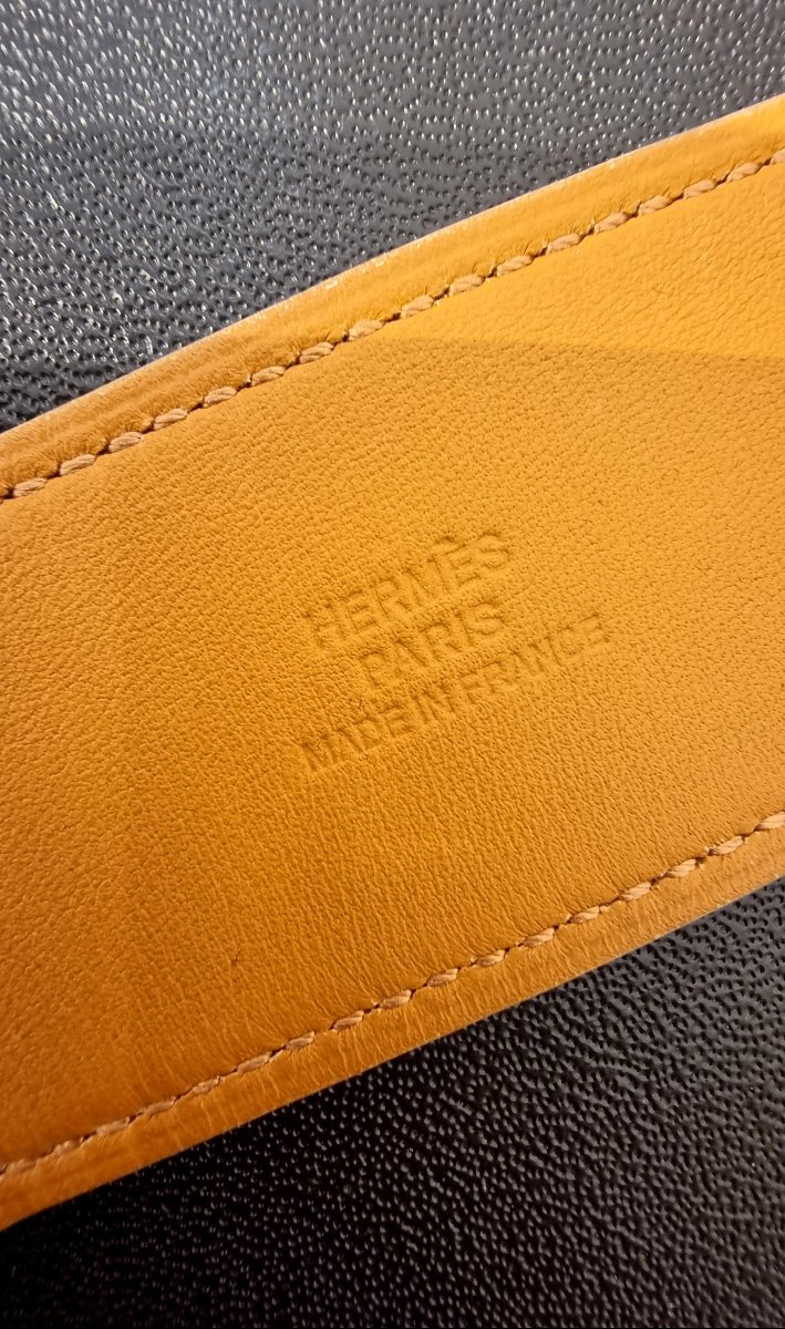 Hermès Bracelet Manchette kelly Dog en Métal Plaqué Or et cuir Epson Blanc-photo-4