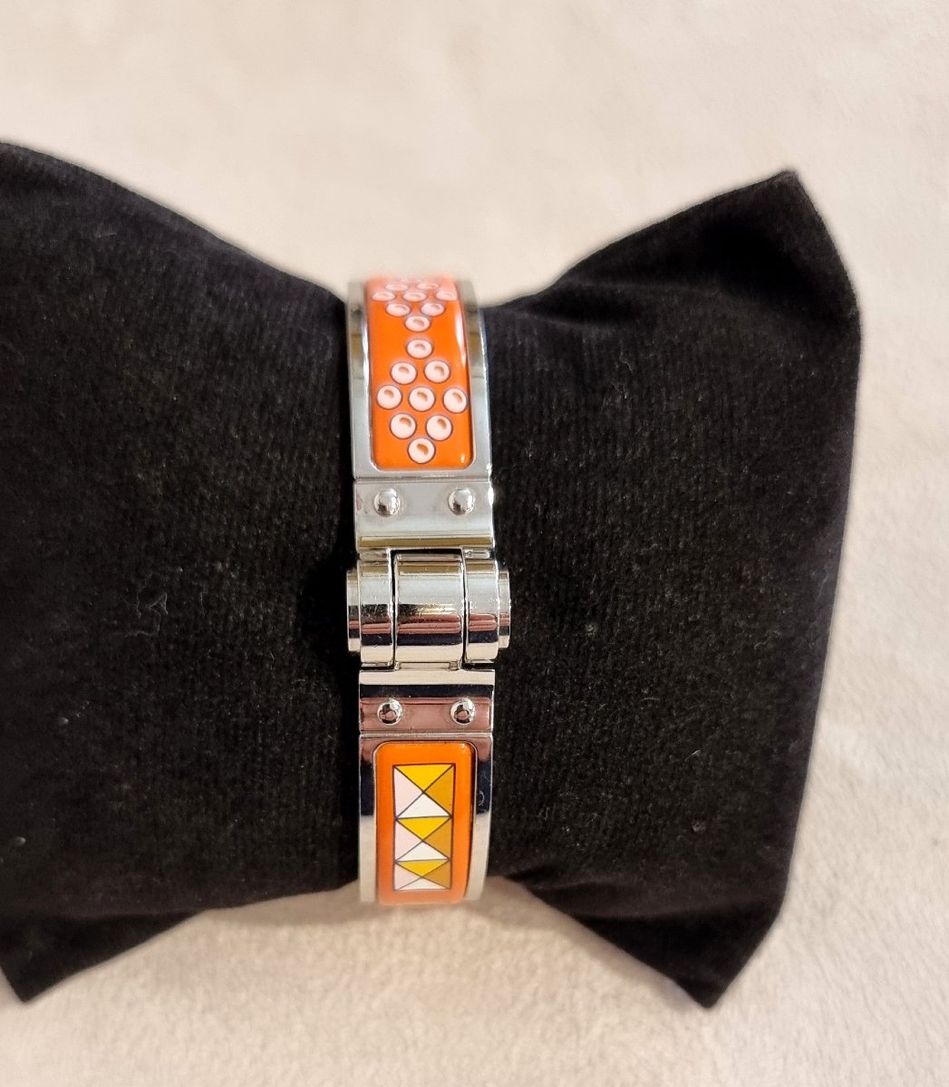 Hermès Bracelet Articulé Charnière en argent palladié et émail -photo-3