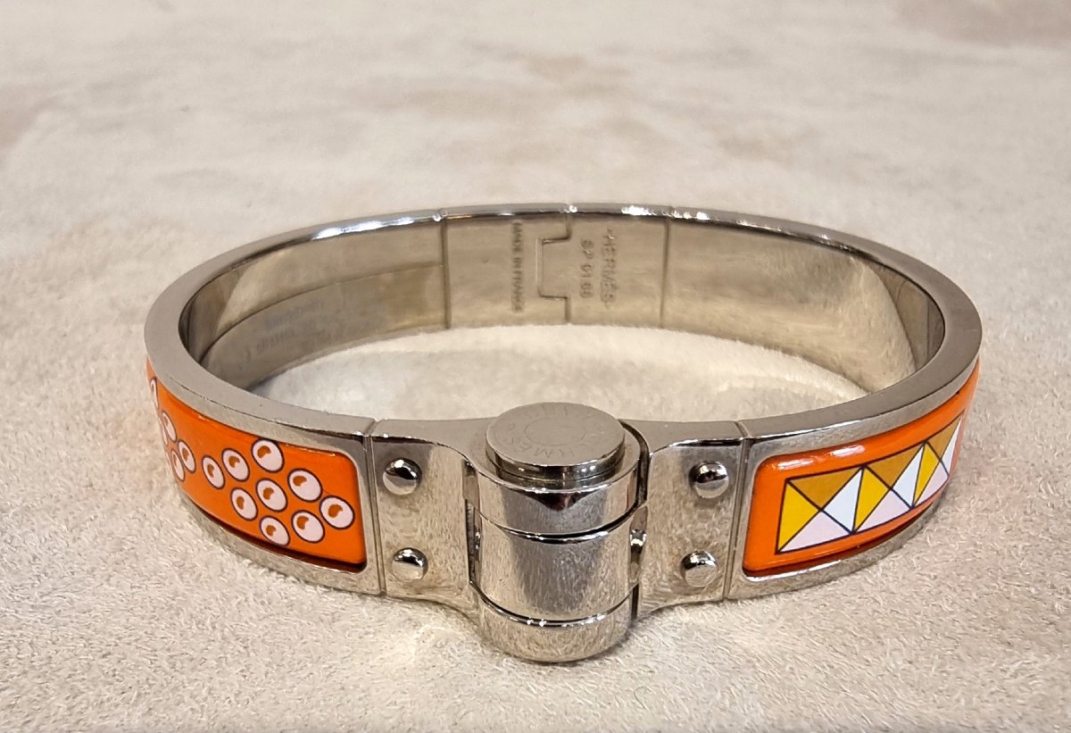 Hermès Bracelet Articulé Charnière en argent palladié et émail -photo-6