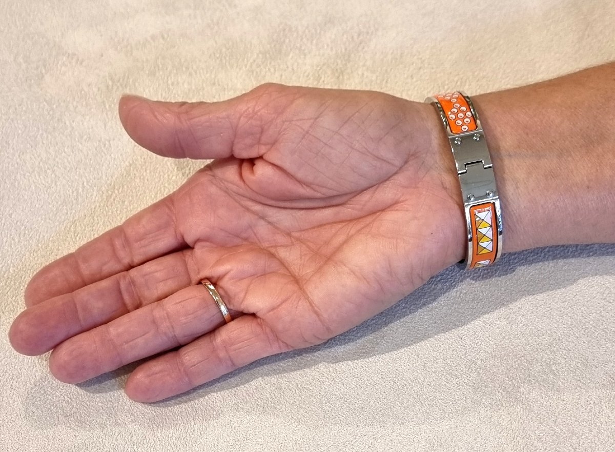 Hermès Bracelet Articulé Charnière en argent palladié et émail -photo-8