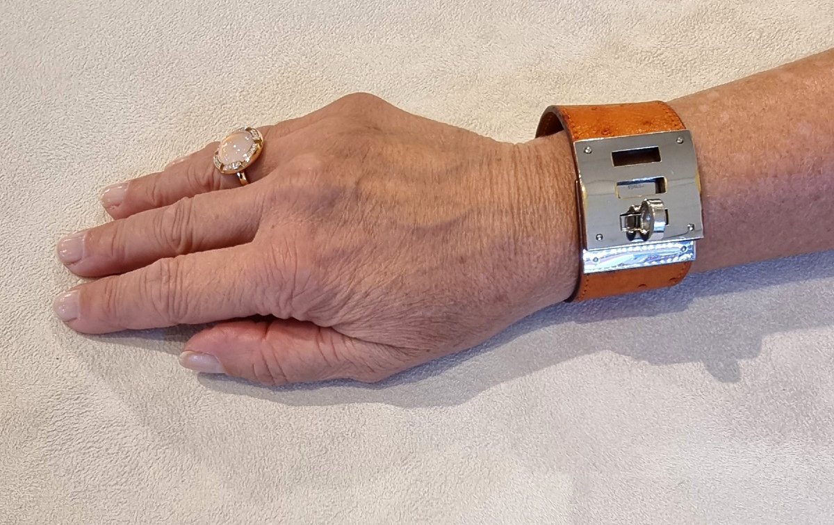 Hermès Kelly Dog Cuff Bracelet In Palladium-plated Silver And Ostrich Leather-photo-4