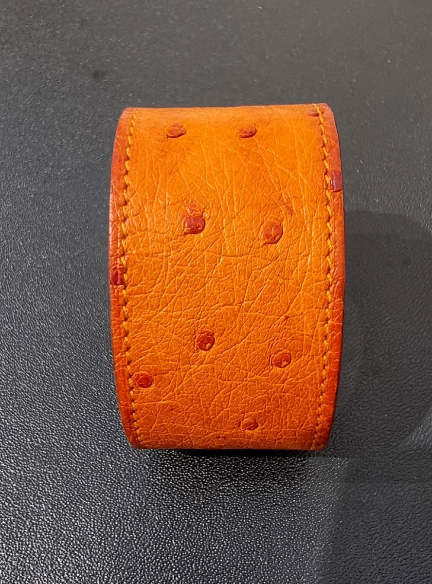 Hermès Kelly Dog Cuff Bracelet In Palladium-plated Silver And Ostrich Leather-photo-1