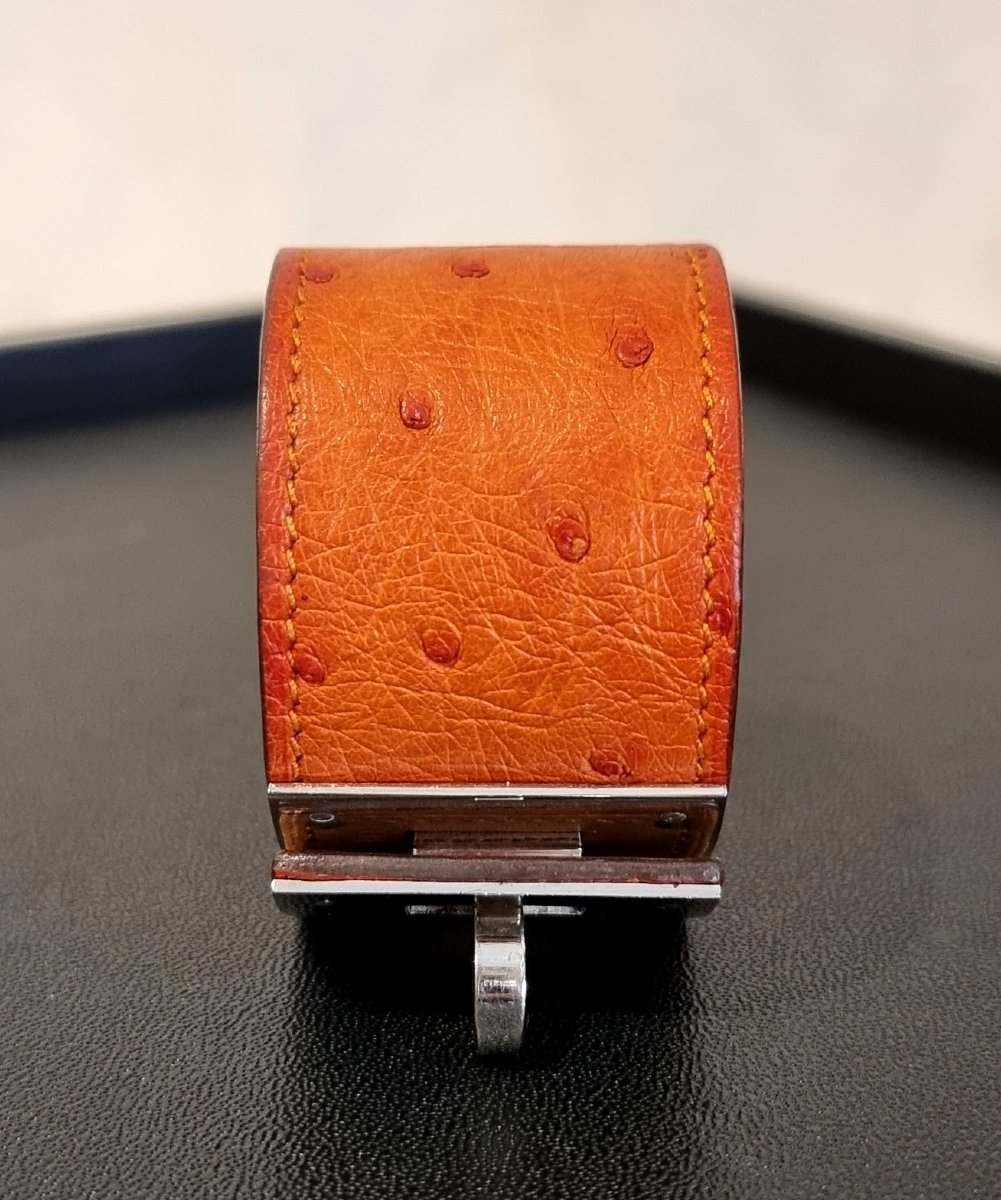 Hermès Kelly Dog Cuff Bracelet In Palladium-plated Silver And Ostrich Leather-photo-2