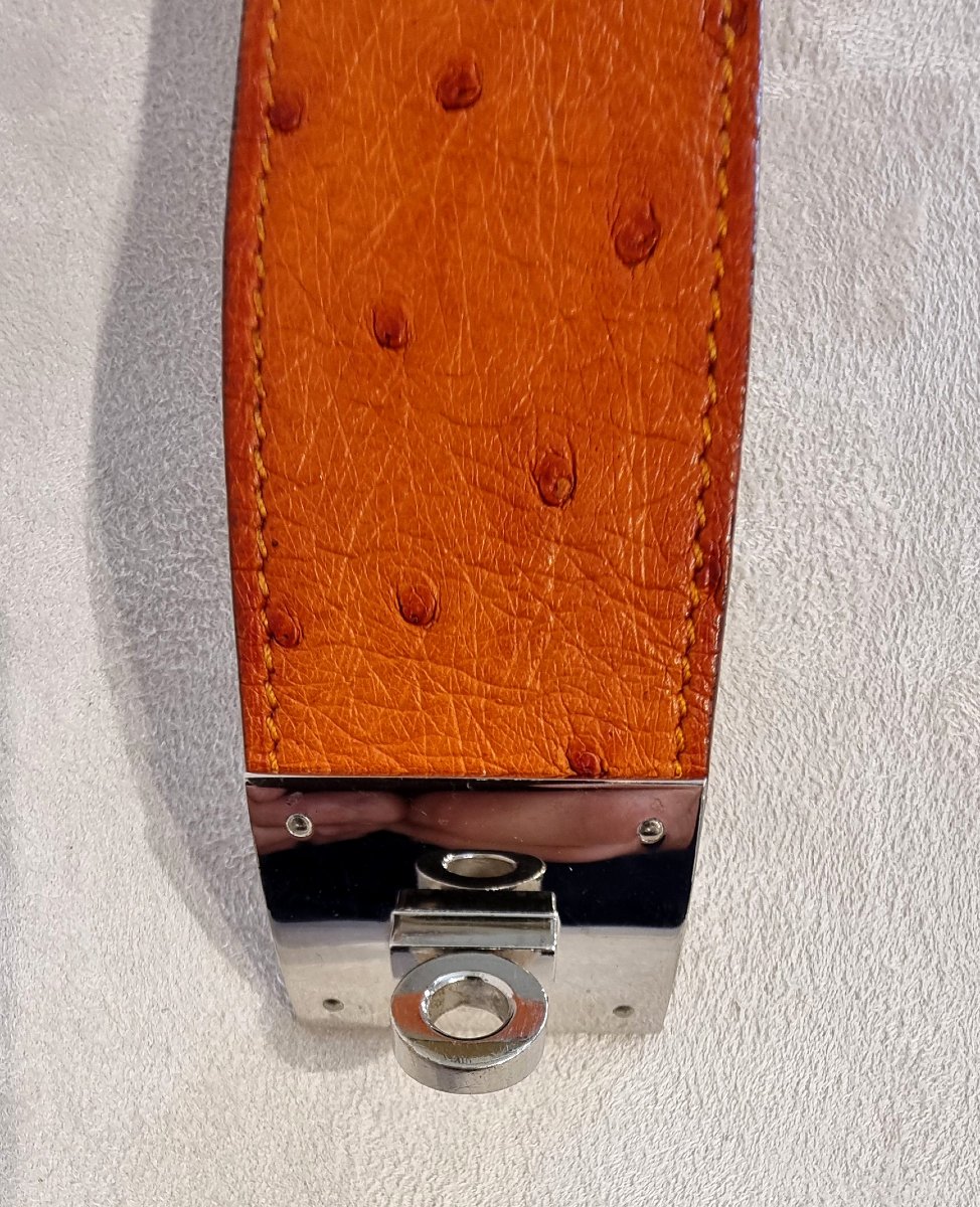 Hermès Kelly Dog Cuff Bracelet In Palladium-plated Silver And Ostrich Leather-photo-6