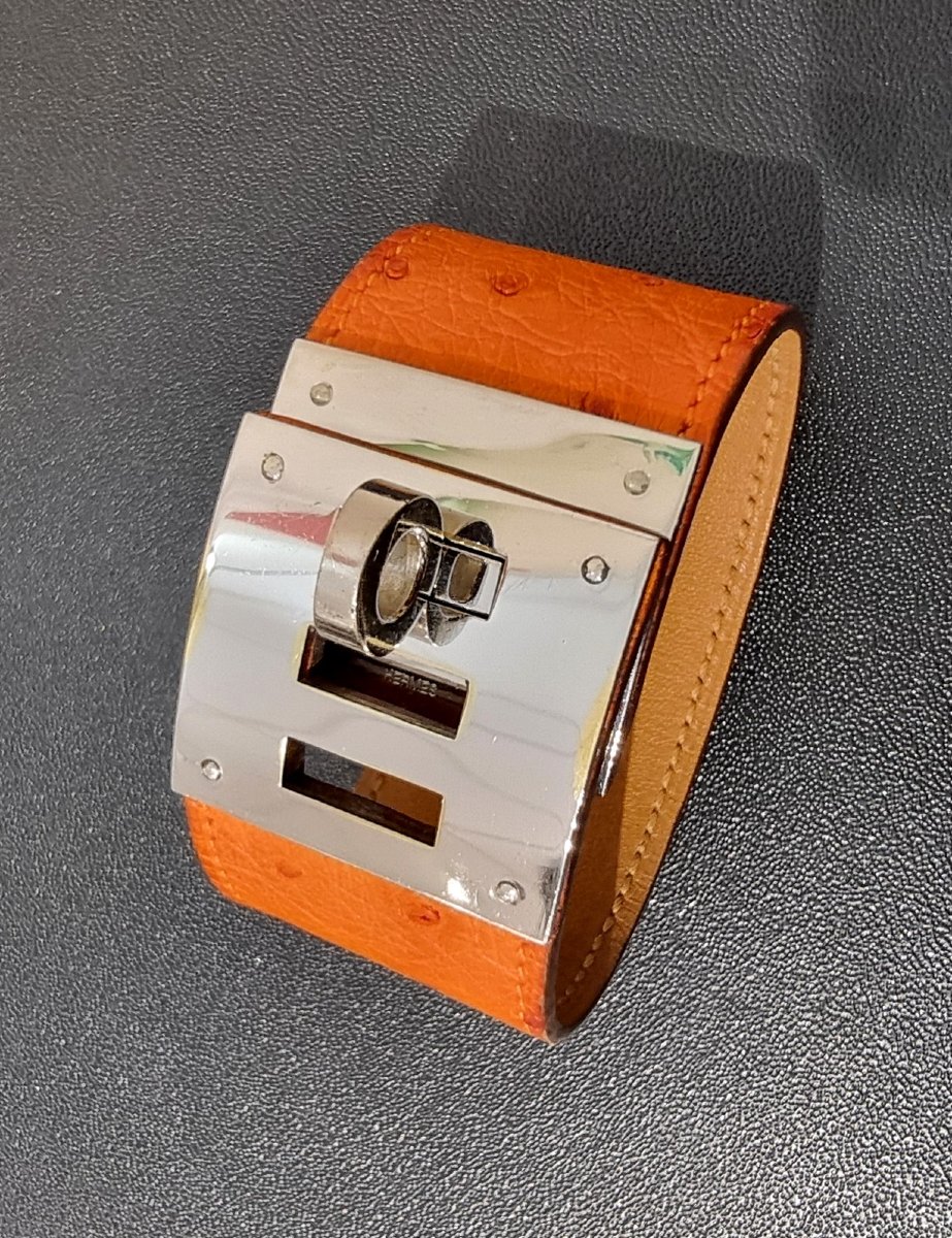 Hermès Kelly Dog Cuff Bracelet In Palladium-plated Silver And Ostrich Leather