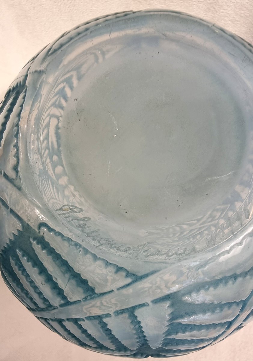 René LALIQUE VASE ESPALLION Art Déco 1927 verre opalescent patiné bleu-photo-4