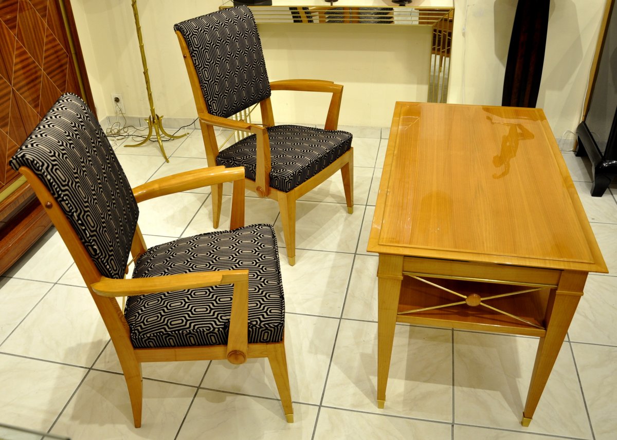 Jean Desnos Set Of Living Room Pair Of Armchairs & Table Circa 1940-photo-3