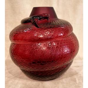 Lalique Red Crystal Serpent Vase With Box