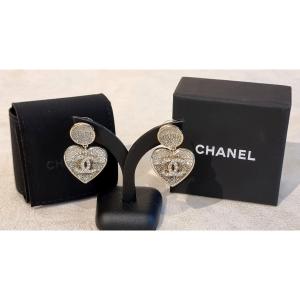 Chanel Pair Of Crystal Heart Earrings