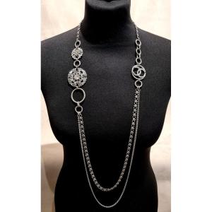 Chanel Silver Metal & Crystal Long Necklace