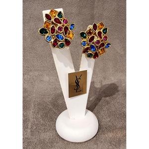 Yves Saint Laurent Pair Of Gold And Colored Crystal Earrings