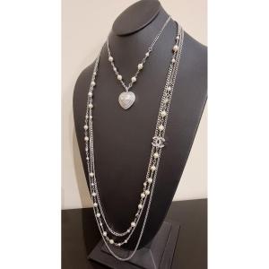 Chanel Long Necklace 4 Rows Heart Double Cc Crystal 