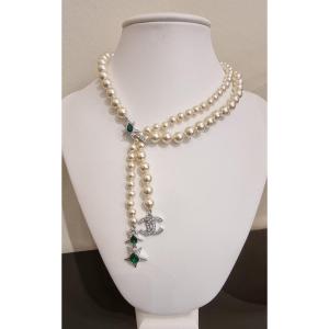 Chanel Glass Beads And Emerald Crystal Necklace