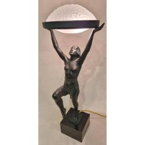 Max Le Verrier Danseuse à La Coupe Sculpture Lampe Art Déco 1930