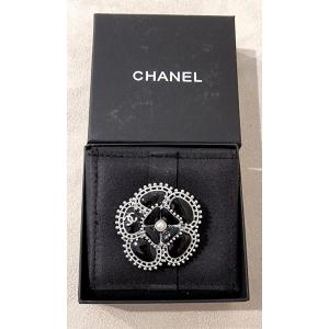 Chanel Camellia Brooch Silver Metal Black Enamel & Pearly Pearl