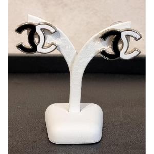 Chanel Pair Of Black & White Double Cc Earrings