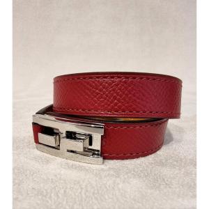 Hermès Bracelet Drag 2 rangs  Argent Palladié et cuir rouge