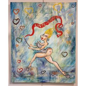 Lemalin Mixed Media Acrylic & Collage On Canvas Entitled Love Story