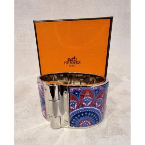 Hermès Bracelet Manchette Modèle Charnière Argent Palladié & émail
