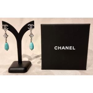 Chanel Pair Of Silver-plated Crystal And Blue Glass Bead Pendant Earrings
