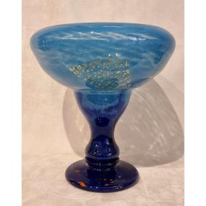 Daum Nancy Coupe Sur Pied Verre Multicouche Bleu Inclusion Or Art Déco 1925-1930
