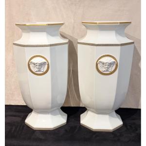Rosenthal For Versace, Gorgona Model A Striking Pair Of Porcelain Vases With Gold Gilding