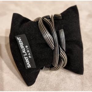 Ysl Yves Saint Laurent Openwork Cuff Bracelet In Patinated Silver-toned Metal With Ysl Logo