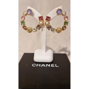 Chanel Pair Of Gold-plated Metal Hoop Earrings With Colored Crystals