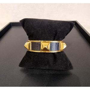 Hermès Bracelet Collier de Chien en métal Plaqué Or et Lézard noir