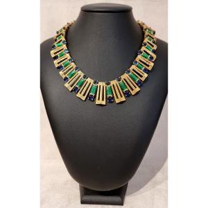 CARVEN COLLIER Ras de cou en métal plaqué or, cabochons en verre bleu et émail avec son coffret