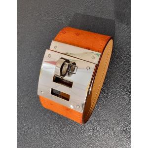 Hermès Kelly Dog Cuff Bracelet In Palladium-plated Silver And Ostrich Leather